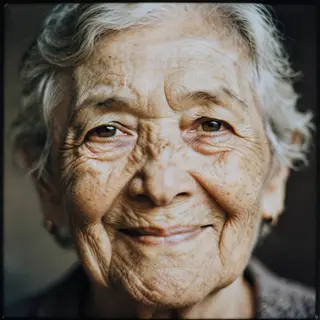 An elderly woman in her 80s with deep wrinkles and white hai