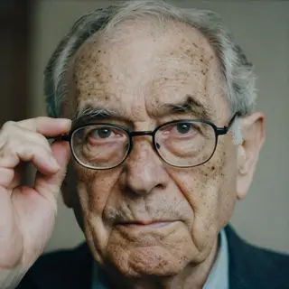 An elderly man in his 70s with age spots and thinning gray h