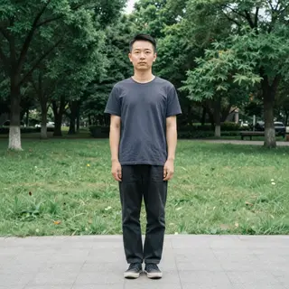 A person standing in a neutral pose in a park, full body vis