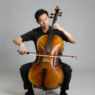 A cellist seated with correct posture, legs around the instr