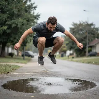 A man captured mid-jump over a puddle, body in the air with 