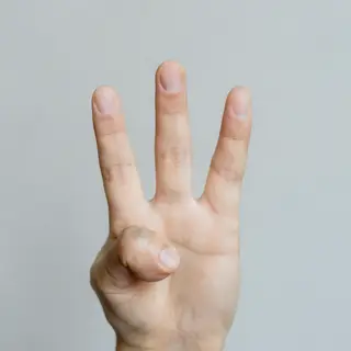 A person making a peace sign with their right hand, clearly 