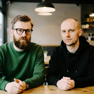 Two men at a cafe: one with a beard and glasses wearing a gr