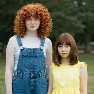 Two friends posing: one tall with curly red hair in denim ov