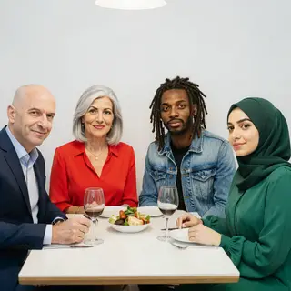Four people at a dinner table: a bald man in a suit, a woman