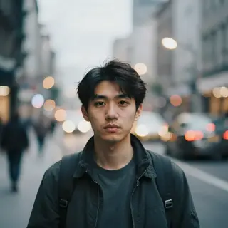A street photograph with shallow depth of field as if shot a