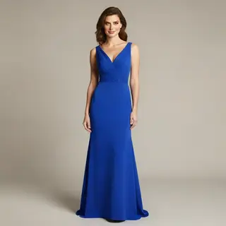 A woman wearing a royal blue evening dress against a neutral