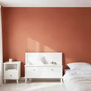 A bedroom wall painted in #FF6B35 (burnt orange) with white 