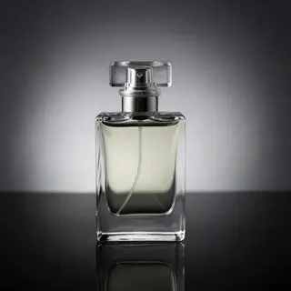 A clear glass perfume bottle on a reflective black surface w