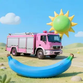 A pink fire truck, a blue banana, and a green sun in a surre