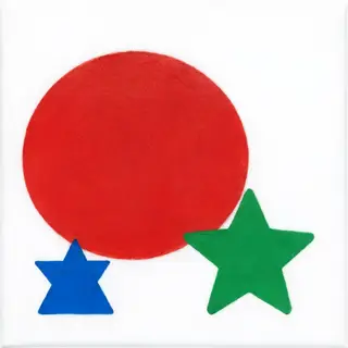 A large red circle, a small blue triangle, and a medium gree