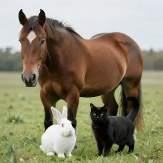A big brown horse, a small white rabbit, and a medium-sized 