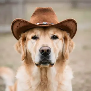 A golden retriever wearing a tiny cowboy hat