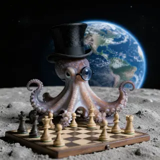 An octopus wearing a top hat and monocle playing chess on th