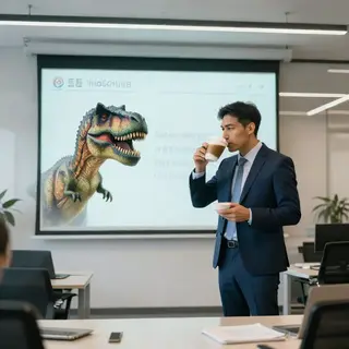 A dinosaur in a business suit giving a PowerPoint presentati