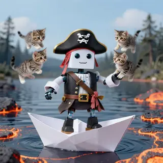 A robot dressed as a pirate sailing a paper boat on a lake o