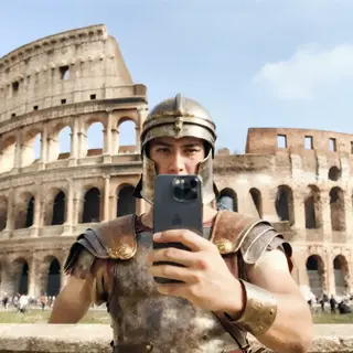 A Roman gladiator taking a selfie with a smartphone in the C