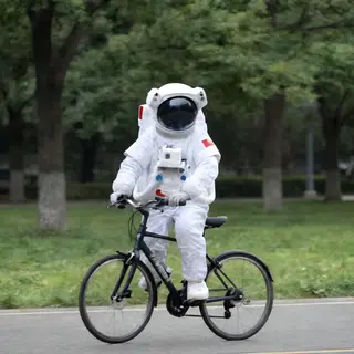 An astronaut in a spacesuit riding a bicycle through a park