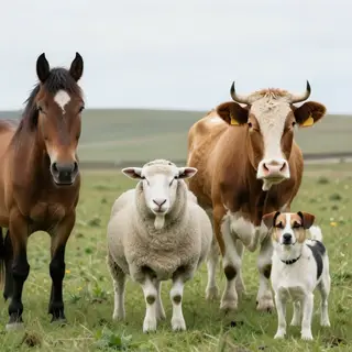Five animals in a field: a horse on the far left, a cow to t