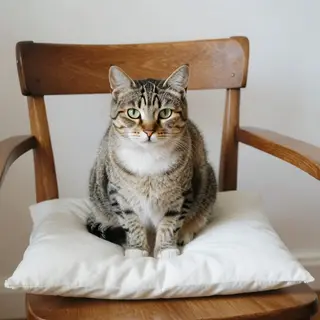 A cat sitting on a pillow, the pillow placed on a wooden cha