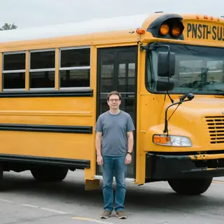 A person standing next to a yellow school bus, showing reali