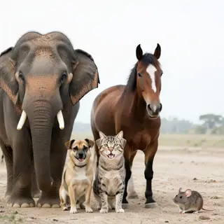 A group photo of an elephant, a horse, a dog, a cat, and a m
