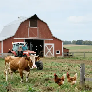 A farm scene with a barn, tractor, farmer, cow, chicken, and