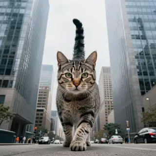 A giant tabby cat walking between city skyscrapers like a ka