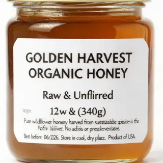 A product label for 'GOLDEN HARVEST ORGANIC HONEY' with subt