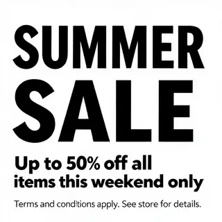 A poster with headline 'SUMMER SALE' in large bold text, bod