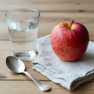 A still life on a wooden table featuring a clear glass of wa