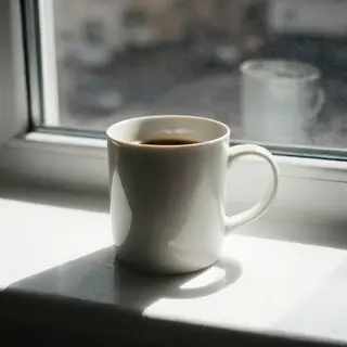 A coffee mug on a sunny windowsill casting a sharp shadow to