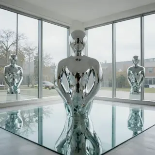 A chrome sculpture in a room with a glass floor and large wi