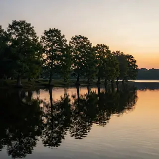 A row of trees reflected in a calm lake at sunset, with the 
