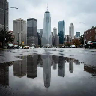 A city skyline reflected in a rain puddle on a street, with 