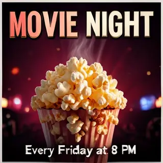 A movie night poster with a large popcorn image in the cente