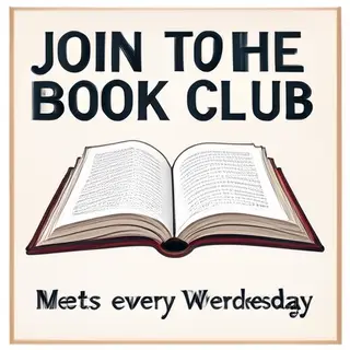 A book club poster with an open book illustration, the title