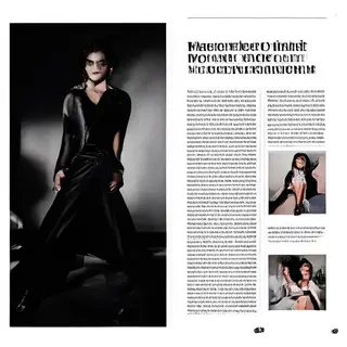 A fashion magazine spread with a full-bleed left-page photo,