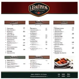 A restaurant menu layout with a logo header, three category 