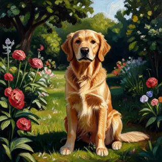 A golden retriever sitting in a garden, painted in the style
