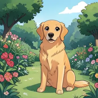 A golden retriever sitting in a garden, rendered in Japanese