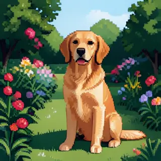 A golden retriever sitting in a garden, rendered in pixel ar