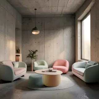 An interior scene rendered in soft brutalism — raw concrete 