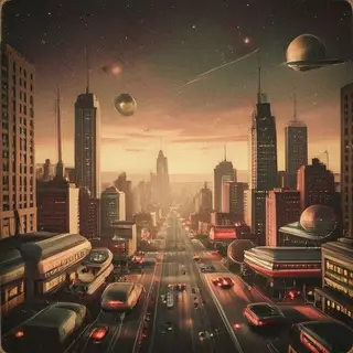 A cityscape rendered in nostalgic futurism — retro-futuristi