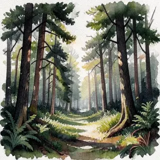 A forest rendered in photorealistic watercolor — the detail 