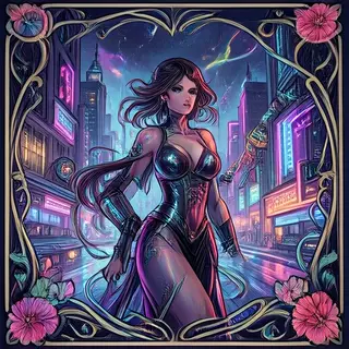 A woman in a futuristic city rendered in cyberpunk Art Nouve