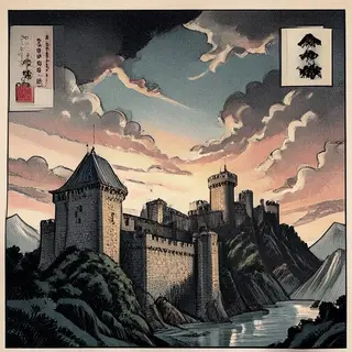 A medieval castle depicted in Japanese ukiyo-e woodblock pri