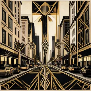 A city street scene in the style of Art Deco — geometric sha