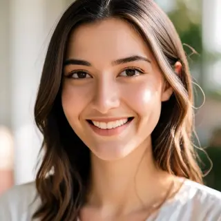 A close-up portrait of a young woman with a warm natural smi