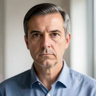 A portrait of a middle-aged man with a calm, serious express